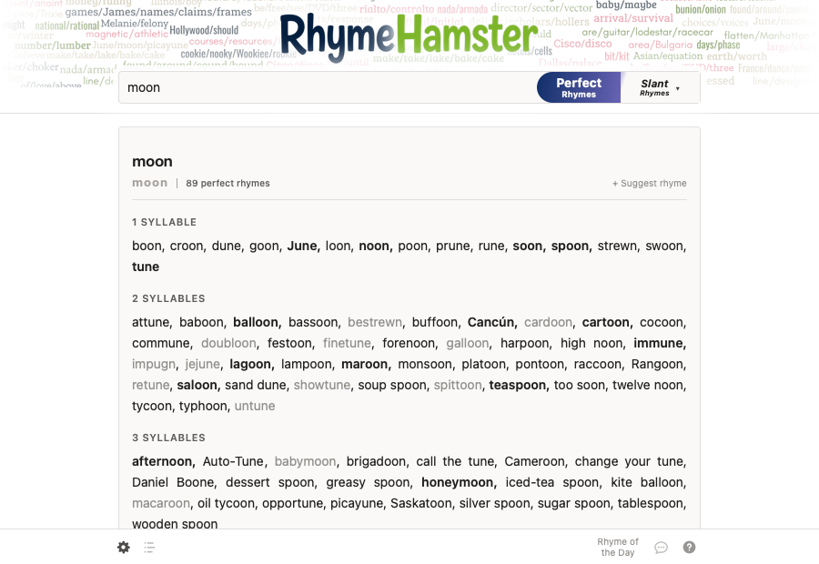 RhymeHamster desktop, paragraph view, results for moon