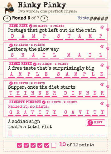 Hinky Pinky in progress, round 3 of 7, five of six clues answered correctly