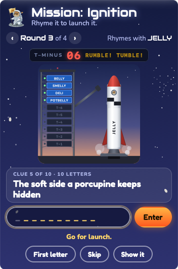 Mission: Ignition in progress, round 3 of 4, four of ten clues answered, countdown at T-minus 6