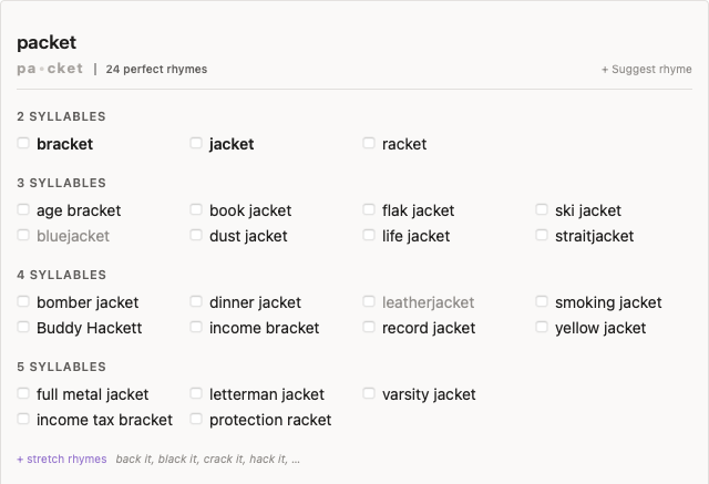 The full rhyme screen for packet: 24 perfect rhymes listed by syllable count, down to the collapsed stretch rhymes link at the bottom