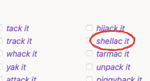 Zoomed in on the expanded stretch rhymes for packet, with shellac it circled by hand among tack it, track it, whack it, hijack it, tarmac it and unpack it, in purple italics