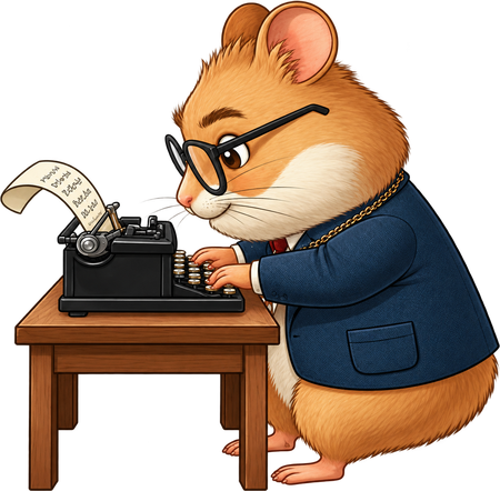 Simon the RhymeHamster mascot, typing at a typewriter
