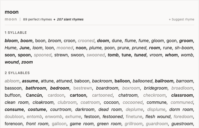 A wider view of slant rhymes for moon in paragraph mode at depth 1: 89 perfect rhymes plus 207 slant rhymes, the slant ones in italics