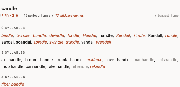 Results for star-star-n-dle: scandal, bundle, dwindle, Handel, spindle, swindle, trundle, Wendell and more, highlighted in orange